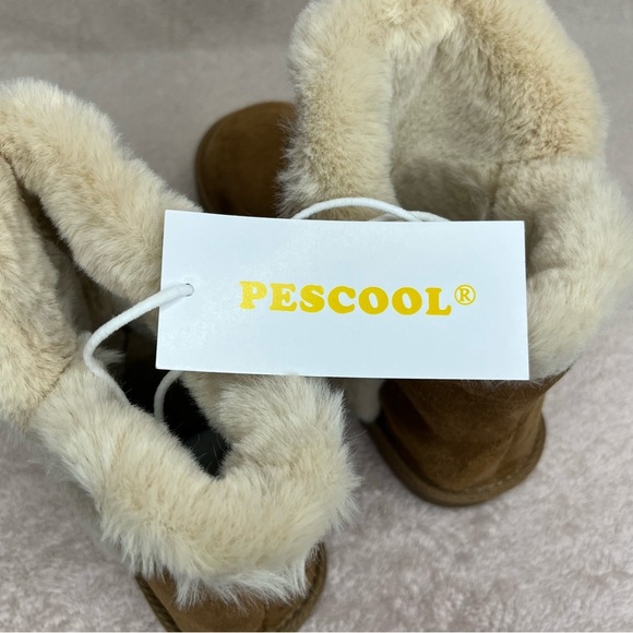 Pescool Faux Suede/Fur Boots Ankle Buckle Booties-Brown-Youth 3-Winter-Cozy-Warm - Picture 4 of 10